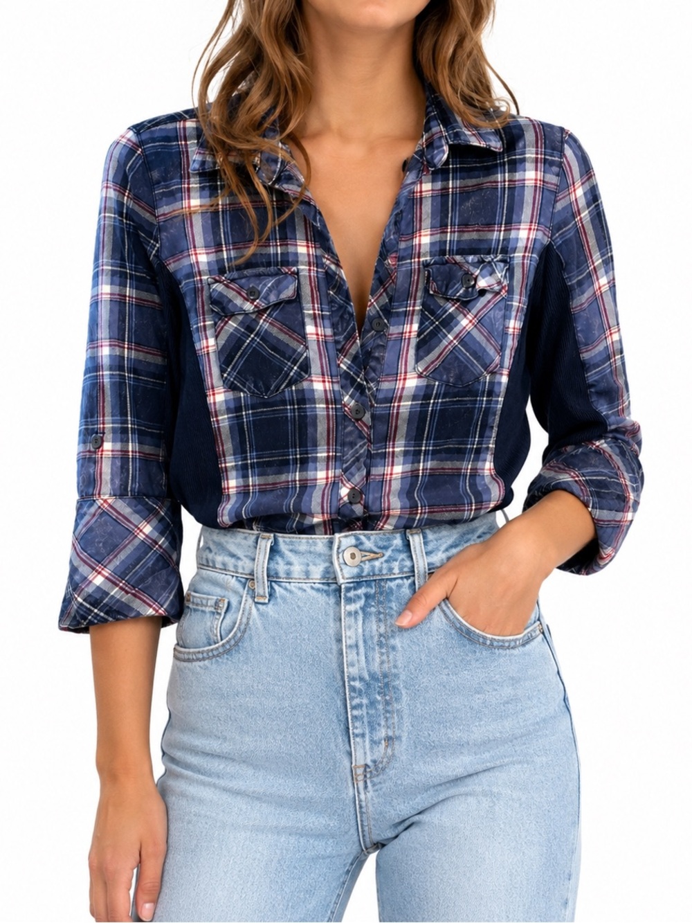 Ci Sono Cotton Plaid Button-Up Shirt – Blue Plaid – Size Small